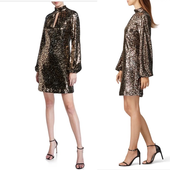 Milly Emily Leopard Sequin Mock-Neck Blouson-Sleeve Shift Dress New Size 0 - Picture 3 of 7